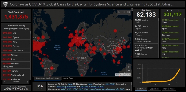 전세계로 확산된 코로나 19. 화면은 존스홉킨스대학교 시스템 사이언스 및 엔지니어링 센터(CSSE) 상황판. 미디어제주