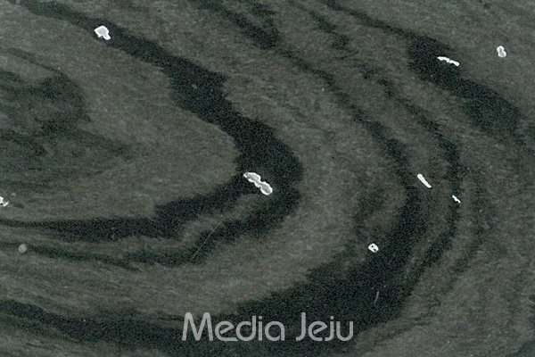 한라산 탐라계곡 상층부 암석 박편 관찰에서 먹돌과 같이 상대적으로 크고 작은 결정들로 이뤄진 '짙은 색 띠'와 '옅은 색 띠'가 반복적으로 나타나고 있다. [제주특별자치도 세계유산본부]