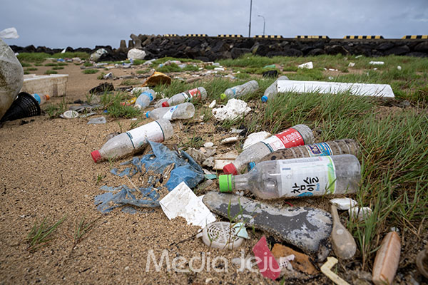 제주 서귀포시 대정읍 신도포구 인근 해안에 많은 양의 해양 쓰레기가 밀려와 있다. 대다수가 해상에서 버려진 것으로 추정되는 페트병이다. /사진=미디어제주.